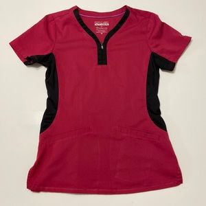 XS Raspberry and black healing hands purple label yoga scrub top